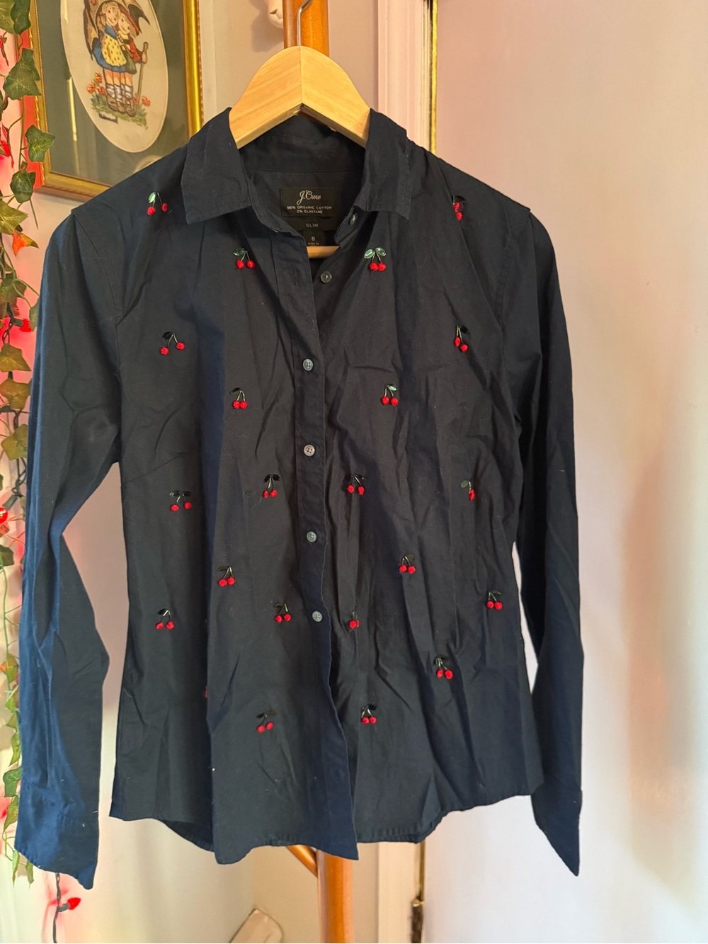 🍒 J. Crew Navy Button-Up Shirt with Red Cherry Embroidery 🍒